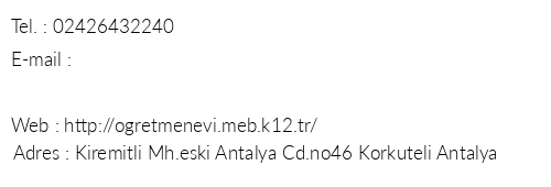 Antalya Korkuteli retmenevi telefon numaralar, faks, e-mail, posta adresi ve iletiim bilgileri